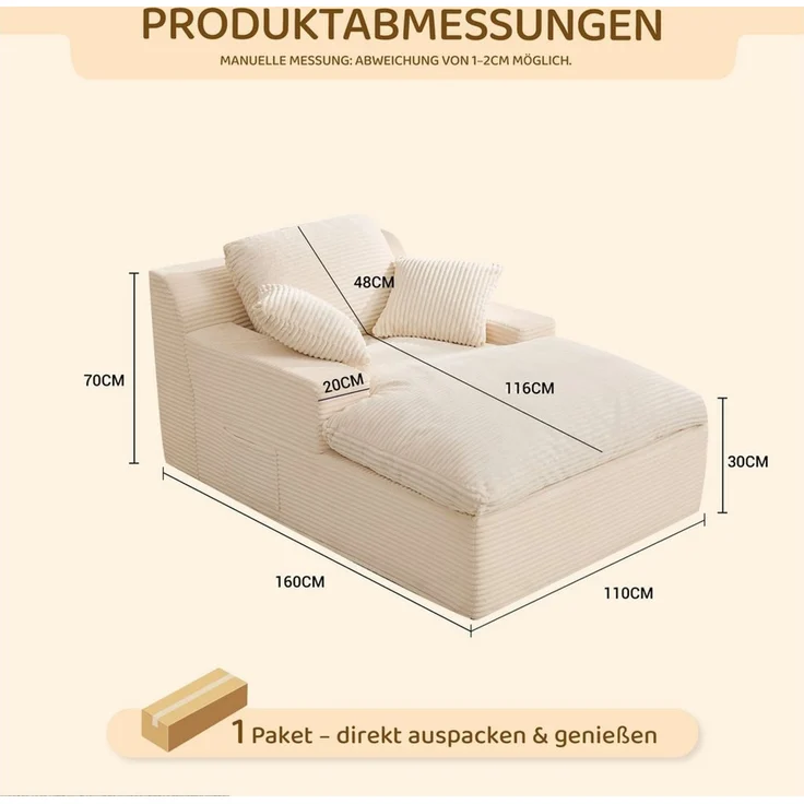 LITBIRD Chaiselongue 160 cm Loungesofa, Boneless Bodensofa & Schlafsofa mit Schlaffunktion, 1 Teile, Platzsparendes Cloud Sofa mit Armlehnen für Wohnzimmer – Bild 2