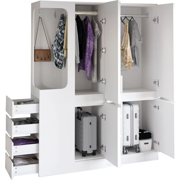 CHICFURN Kleiderschrank aus Holz, Weiß, 140x170x40 cm, mit 4 Schubladen und offenem Hängebereich – Bild 7