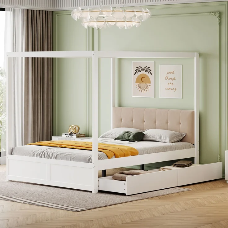 Zeltbett 140×200 cm mit gepolsterter Rückenlehne und 2 Schubladen –Weiß,Holz/Metall – Bild 1