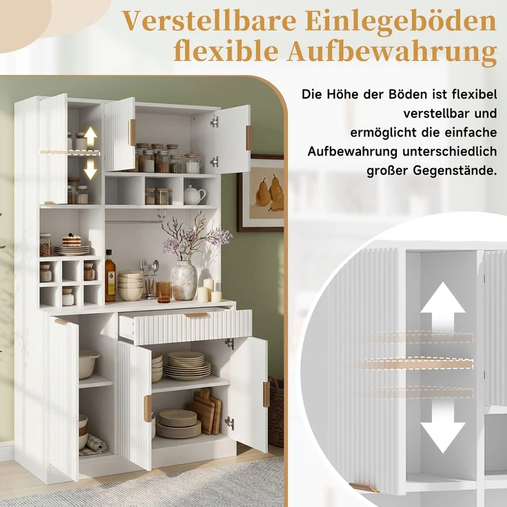 EINHOM Buffetschränke, Esszimmer-Hochschrank 100 x 40 x 175 cm, Mehrstufigem Stauraum, Integrierter Steckdose sowie USB-C- und USB-A-Anschlüssen, Inklusive Weinglasablage und Flaschenaufbewahrung, Weiß – Bild 7