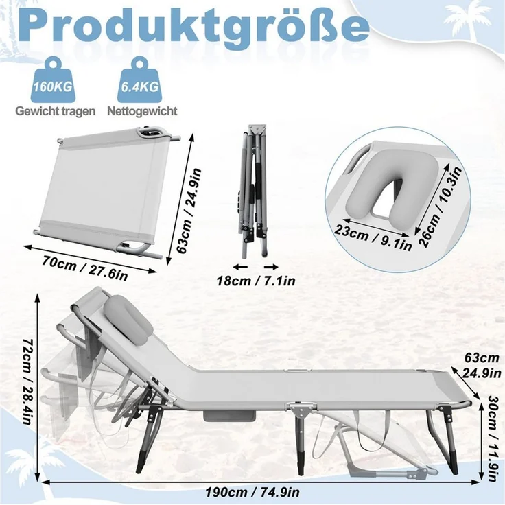FIVMEN Gartenliege Faltbare Sonnenliege mit Gesichtsausschnitt 4 fach verstellbar 160kg, Garten Strandliege mit Kopfkissen Seitentasche Tragegriffe, 190x63cm – Bild 2