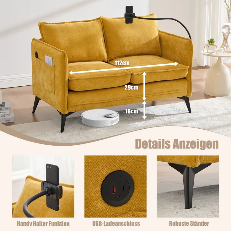 LVHOM 2-Sitzer Sofa mit Handyhalter und USB, Doppelsofa mit Seitentaschen, Polstersofa Zweisitzer mit Chenille Bezug, Gelb – Bild 2