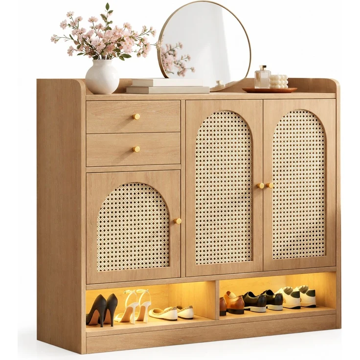 Schuhschrank 120 x 35 x 100 cm mit Rattanfronten, 2 Schubladen und LED-Beleuchtung – Bild 7