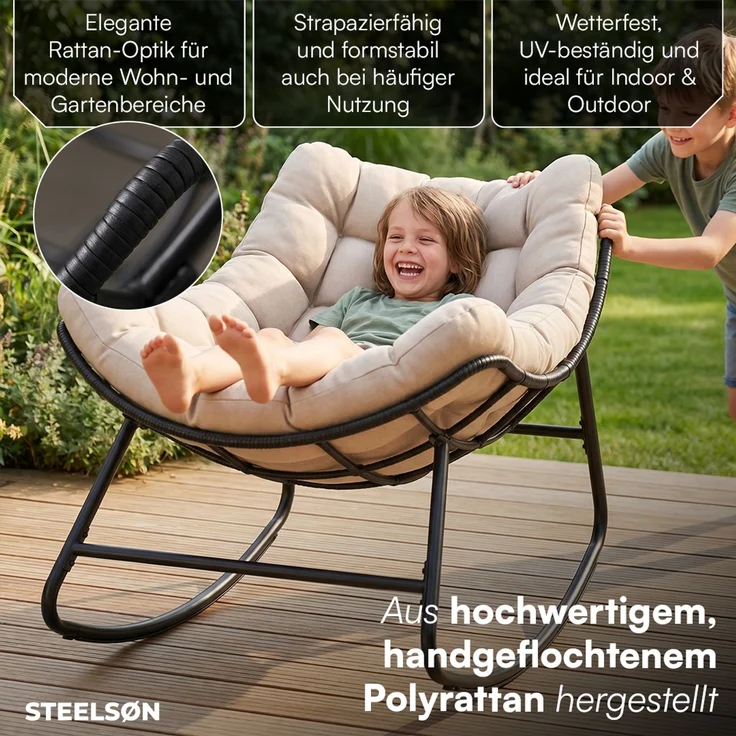 STEELSØN 'Veldora' Schaukelstuhl, schwarzes Polyrattan, Kissen beige, ergonomischer Relaxsessel, bis 125kg, XXL Schaukelsessel 75×100×65 cm – Bild 5
