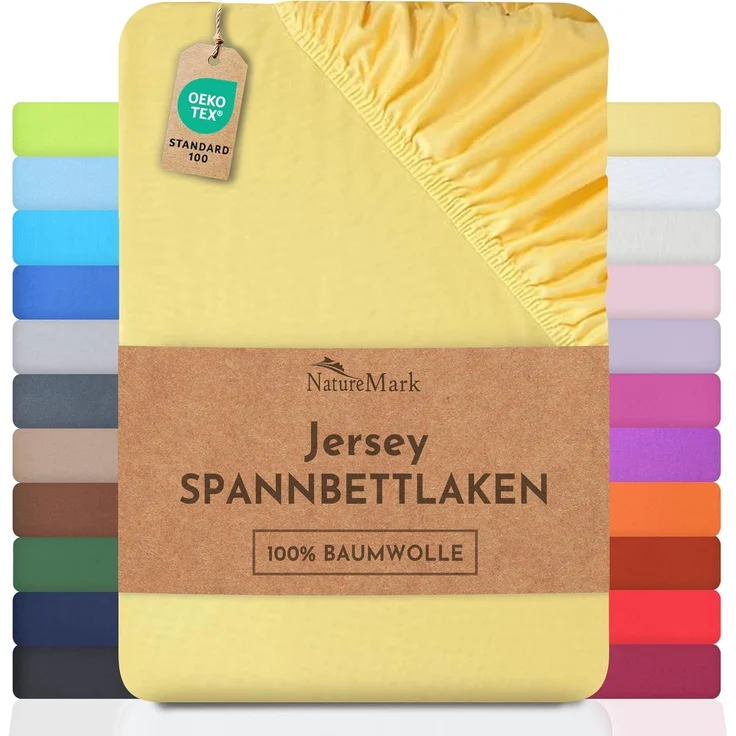 NatureMark Jersey Spannbettlaken, Spannbetttuch 100% Baumwolle in vielen Größen und Farben MARKENQUALITÄT ÖKOTEX Standard 100 | 180x200 cm - 200x200 cm - gelb