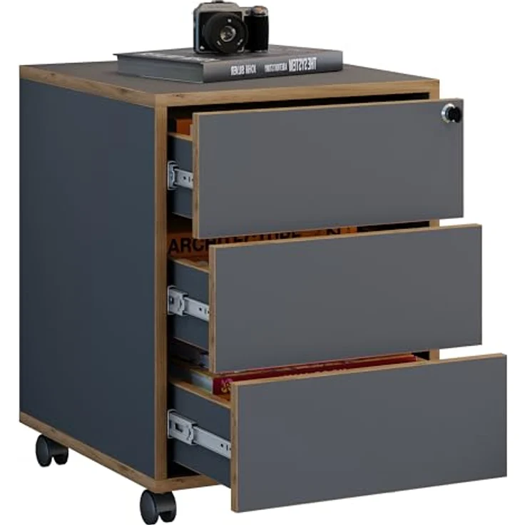 MID.YOU Rollcontainer Anthrazit, Honigeiche, mit 3 Schubladen, griffloses Öffnen, 42x50x45 cm, Holzwerkstoff – Bild 1