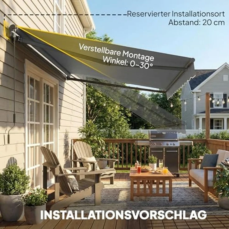 Outsunny Markise inkl Kurbel & Wandhalterung (Terrassenmarkise, 1-St, Gelenkarmmarkise) für Terrasse Balkon Dunkelgrau – Bild 6