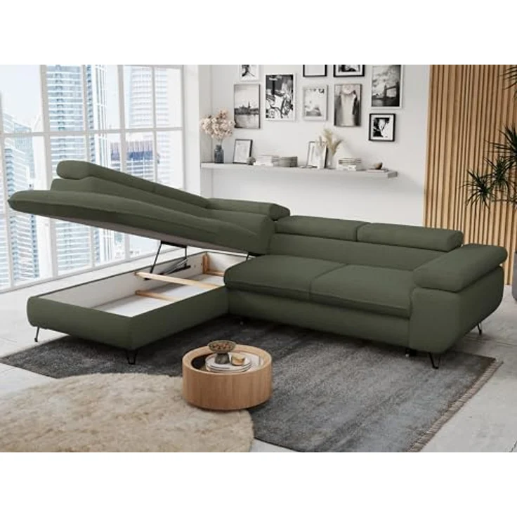 Mks Möbel 'Peter L-form' Ecksofa mit Bettfunktion, Bettkasten & einstellbaren Kopfstützen, Grün, Boucle, links – Bild 5