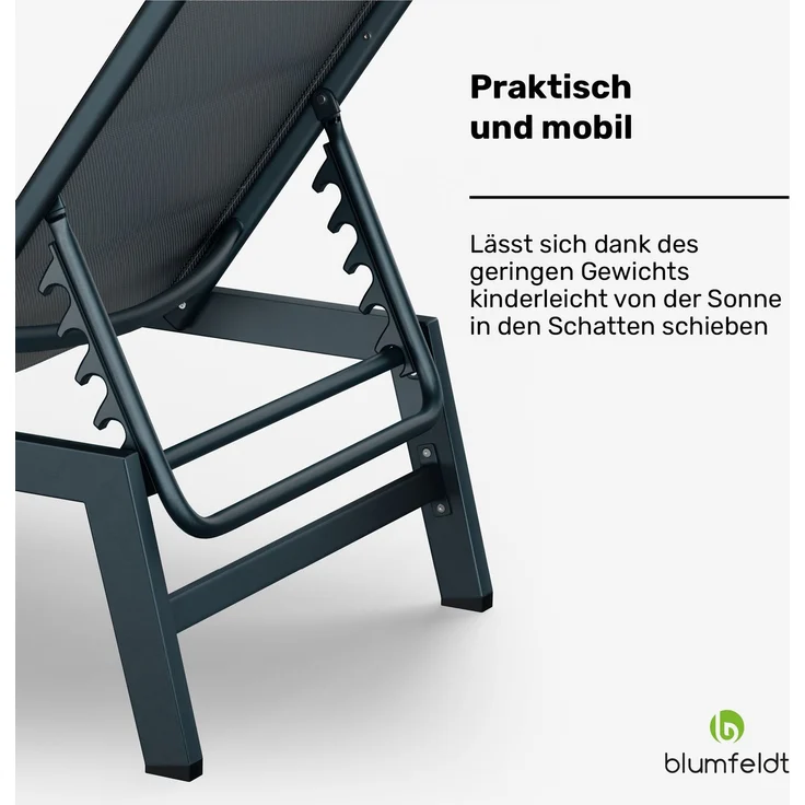 Blumfeldt Renazzo Sonnenliege - Verstellbarer Liegestuhl, Wetterfest & Ultraleicht, 5-Positionen Rückenlehne, Aluminiumrahmen, 120kg Kapazität, ComfortMesh, 195x60cm, Garten & Balkon, Anthrazit – Bild 4