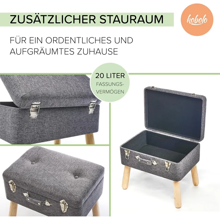 Kobolo Sitzhocker Kofferhocker Polsterhocker aus Textil in hellgrau (1 Stück) – Bild 5