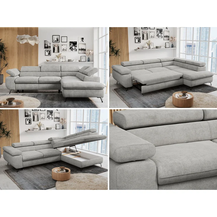 Mks Möbel 'Peter L-form' Ecksofa mit Bettfunktion, Bettkasten & einstellbaren Kopfstützen, Hellgrau, Stoff, mit Topper, rechts