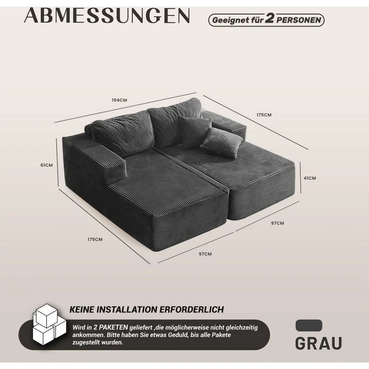 LITBIRD Sofa Modulares L-förmiges Ecksofa, rahmenloses Schlafsofa, montagefrei, 2 Teile, extra tiefe Sitzfläche, Doppel-Recamiere, ideal für Wohnzimmer – Bild 2
