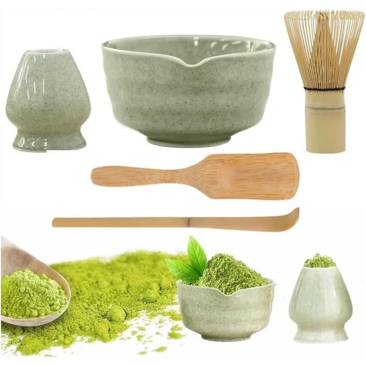 TUWENA Teeschale 5er-Set Matcha-Set, Matcha-Rührer-Set, Matcha-Schüssel mit Ausgießer, Matcha-Rührer, Ständer, Matcha-Löffel, Teelöffel, Matcha Besen 5er-Set – Bild 1