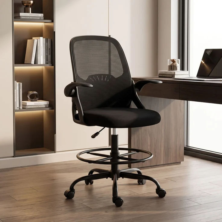 MELAYR, Zeichenstuhl mit verstellbarer Lendenstütze, Drehfunktion, Netzbezug, 65 x 59 x 124 cm, Schwarz – Bild 4