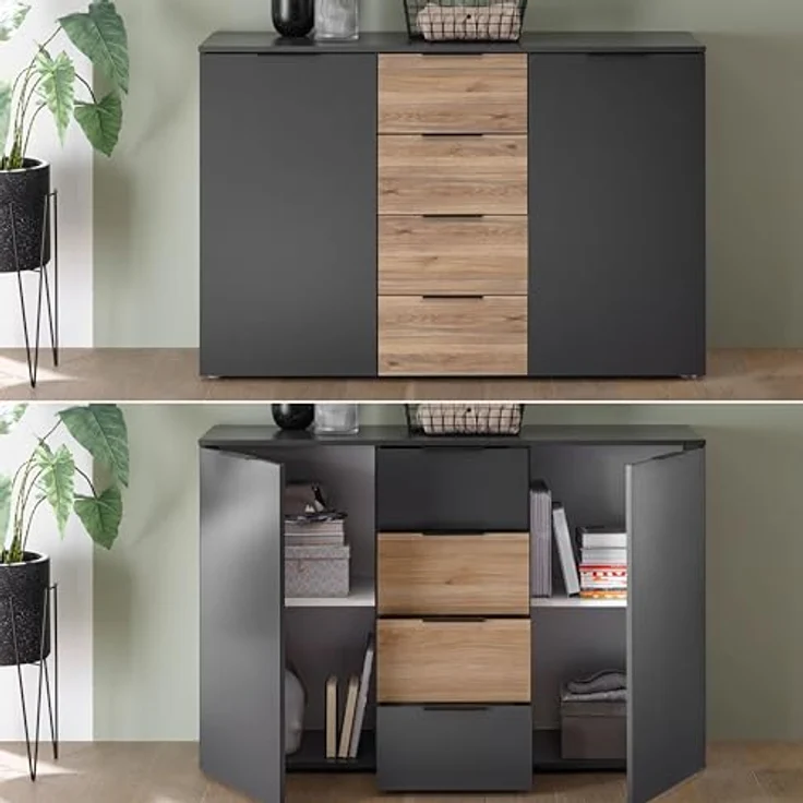 Stella Trading ASKA Kommode in Graphit, Mauvella Eiche Optik - Modernes Sideboard mit Schubladen für Ihr Schlafzimmer - 135 x 89 x 40 cm (B/H/T) – Bild 6