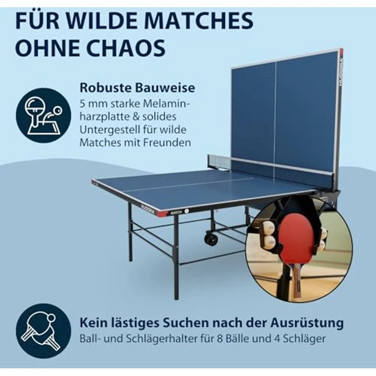 HUDORA Tischtennisplatte Match, witterungsbeständige Melaminharzplatte mit 5 mm Stärke, klappbar und mit Ball- und Schlägerhalter – Bild 6