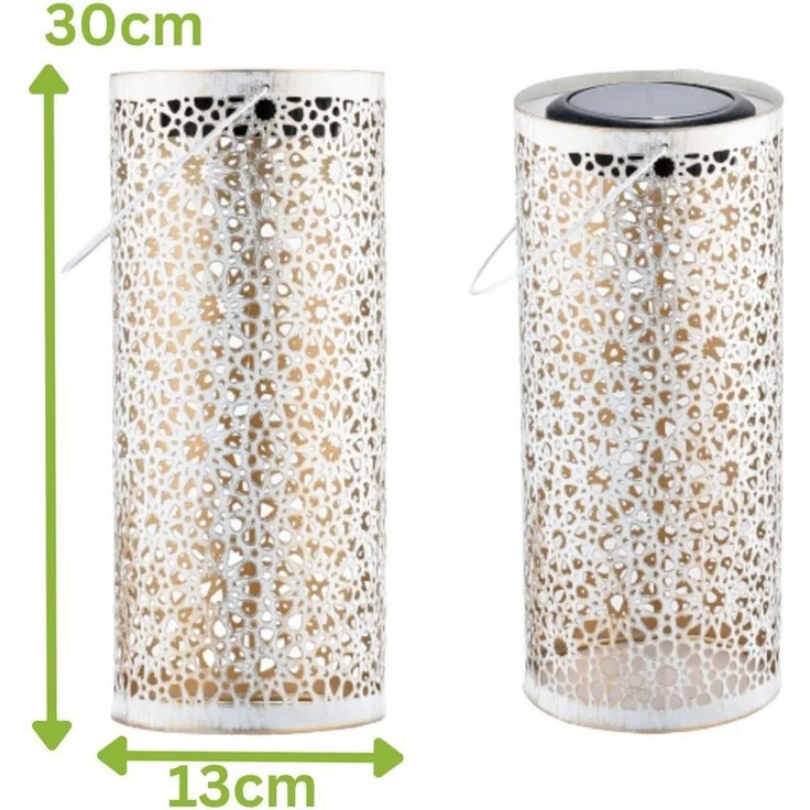 Marrakesch Orient & Mediterran Interior LED Solarleuchte 2er Set Orientalische Solarlaterne Noum edel aus Metall in Weiß 30 cm, LED fest integriert, Handarbeit – Bild 3