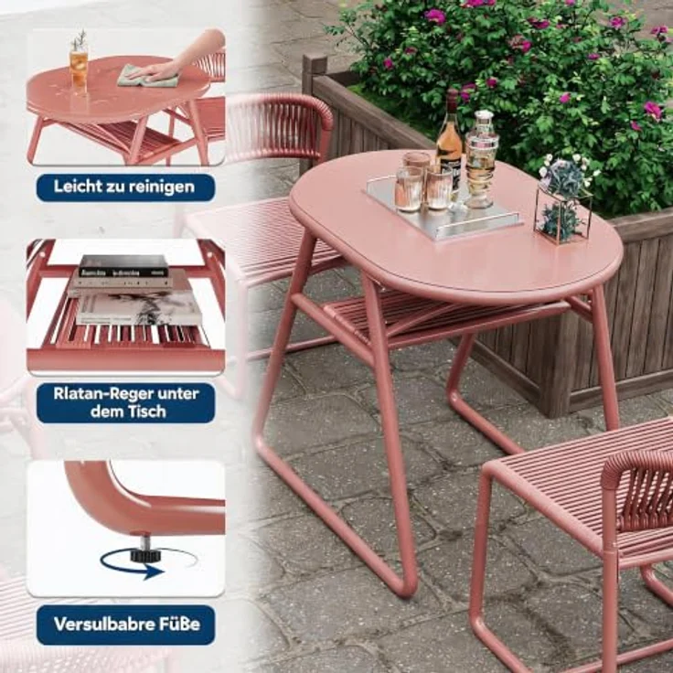 GarveeHome Bistrotisch mit 2 Stühlen, Modernes 3-teiliges Bistro-Set für Garten, Balkonmöbel Set mit 80cm Tisch&2 Stühle aus wetterfestem, Terrassenmöbel Möbel Set für Kleinen Balkon（Orange） – Bild 3
