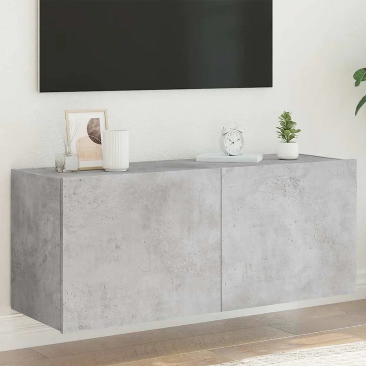 TV-Wandschrank, Fernsehschrank mit LED-Leuchten Betongrau 100x35x41 cm – Bild 1