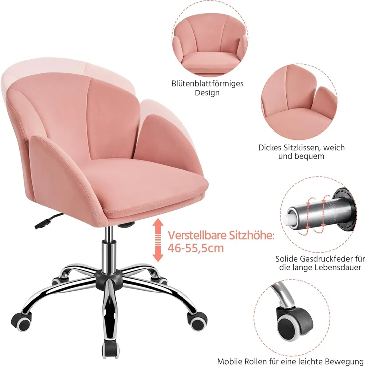 Yaheetech Homeoffice Stuhl Schminkstuhl Schreibtischstuhl höhenverstellbar Drehstuhl bis 136 kg Belastbar, SamtStuhl mit Armlehnen und Rückenlehne für Schlafzimmer Büro Wohnzimmer, Hellrosa – Bild 5