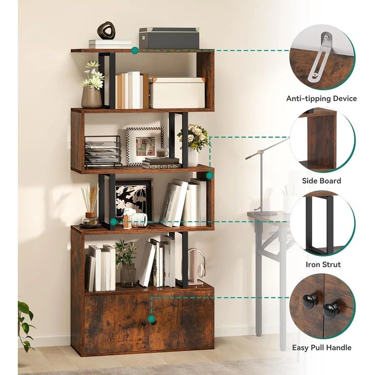 YITAHOME Bücherregal, Industrielles Standregal mit Türen, Regal aus Holz und Metall, Hohes, bodenstehendes Regal, Ausstellungsschrank für Schlafzimmer, Wohnzimmer, Heimbüro, Vintagebraun – Bild 5