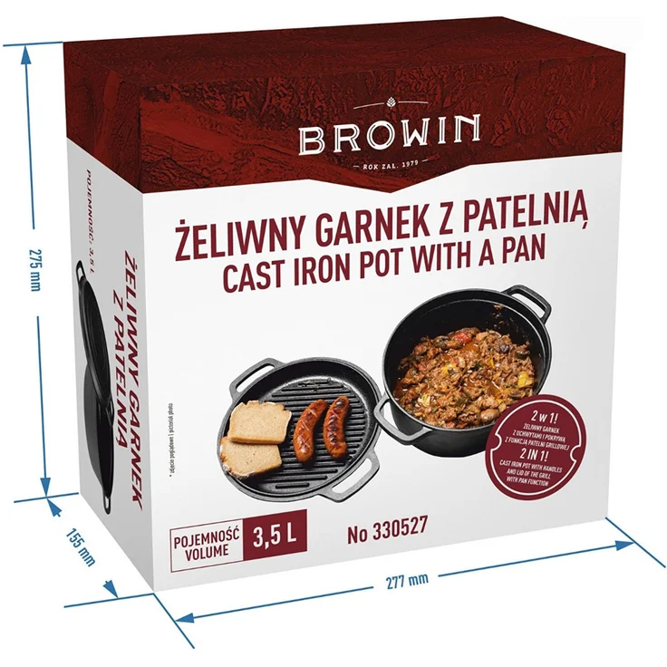 Browin 330527 Gusseisentopf mit Pfanne, 3,5 L / Schmortopf mit Grillpfanne – Bild 9