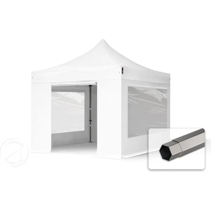 3x3 m Faltpavillon, PREMIUM Stahl 40mm, Seitenteile mit Panoramafenstern, weiß