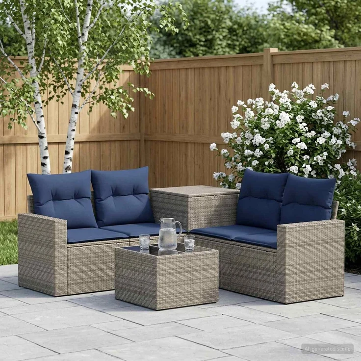 vidaXL Sofa Set 6 stk. Grau und Marineblau Polyrattan und Stahl 3447407 – Bild 1