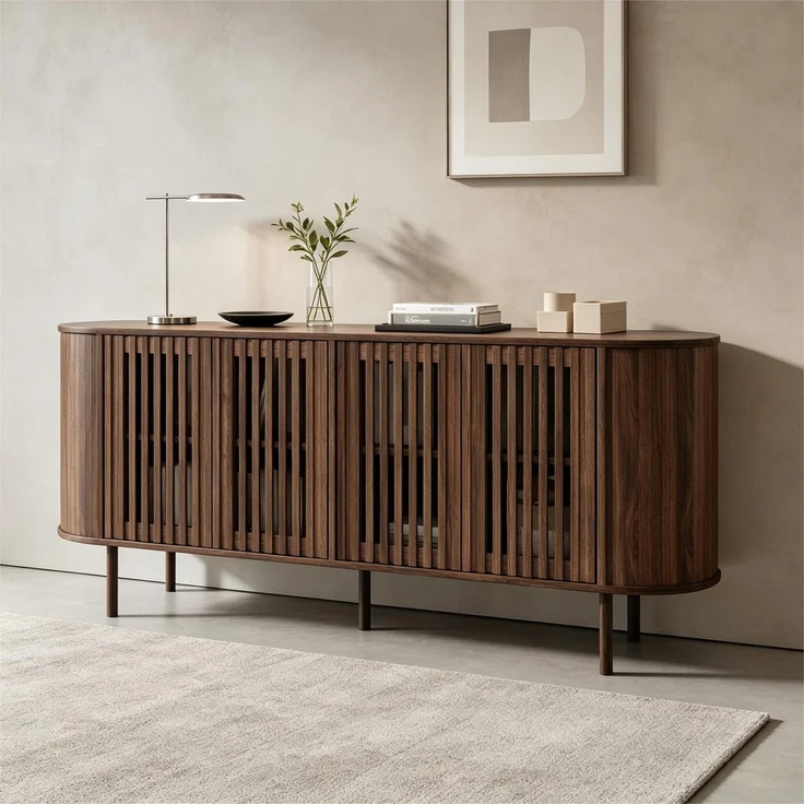 Merax 160x40x70cm Sideboard aus MDF mit 4 perforierten Schiebetüren, Kommode mit verstellbaren Einlegeböden und stabilen Metallbeinen, Wohnzimmer Buffet-Schrank, Walnussholzfarbe – Bild 7