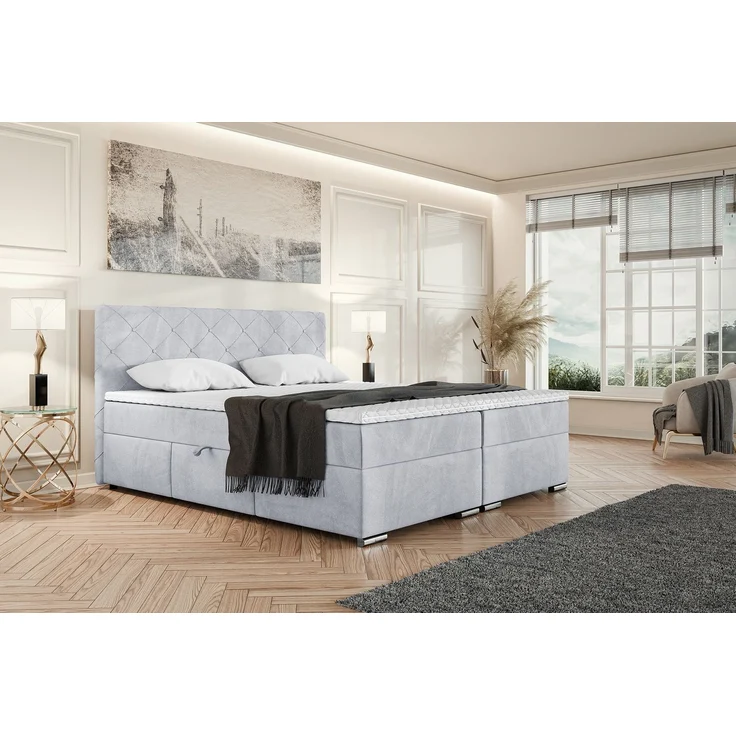 MEBLINI Boxspringbett MALDINI 180x200cm - H3B/Hellgrau Samt - mit Bettkasten - Polsterbett - Doppelbett mit Topper & Bonellfederkern-Matratze – Bild 1