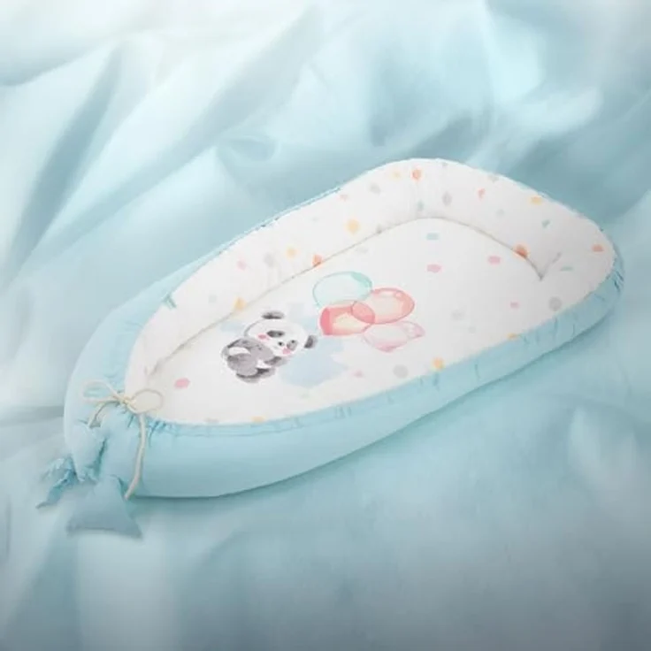 Joyz Babynest, Panda Hellblau, 90x50 cm, Baumwolle, zweiseitig, antiallergisch, tragbar, Multifunktionale Babynestchen, Kokon für Babys & Säuglinge, Baby Nest Babybett Neugeborene Kuschelnest Reisebett – Bild 6