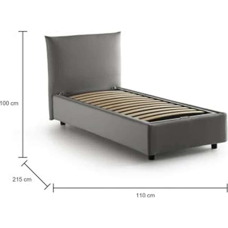 Talamo Italia - Clarissa Einzelbett, Bettkasten mit Stoffbezug, 100 % Made in Italy, Öffnung vorne, geeignet für Matratze 80x190 cm, Grau – Bild 2