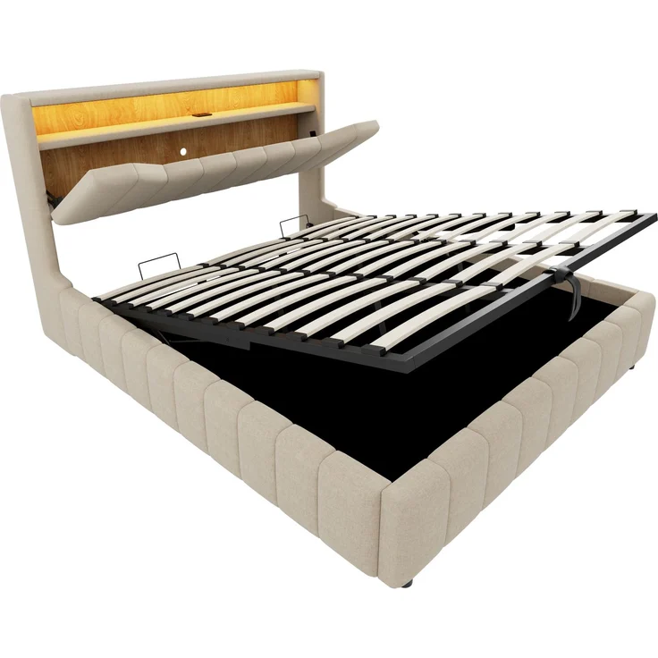 LVHOM Doppelbett 180 x 200cm mit Hydraulik und Stauraum, Funktionsbett mit LED & USB, Polsterbett mit Kopfteil-Fach, Leinen, Beige – Bild 2