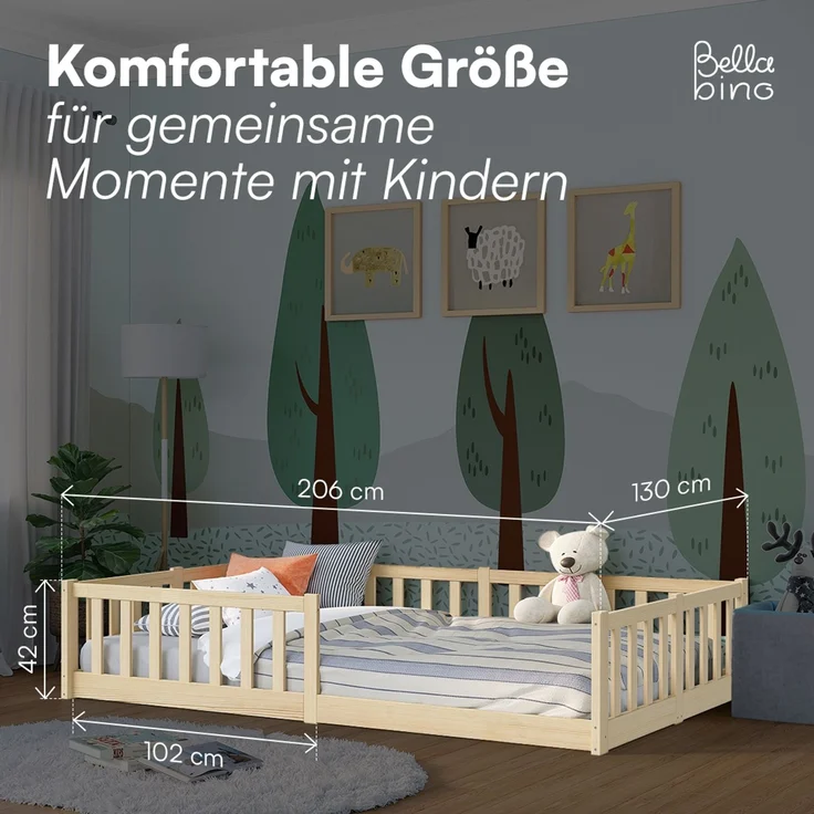 Bellabino 'Vere' Bodenbett 120x200 cm mit Matratze, natur, Massivholz Kiefer, Montessori Kinderbett mit Rausfallschutz und Lattenrost – Bild 8