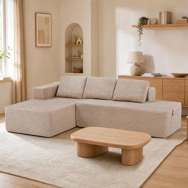 COMHOMA Ecksofa mit Schlaffunktion, 228cm Corduroy Modulares Boneless Couch mit Chaiselongue & Rücken-Metallgestell, L-Form Schlafsofa mit offenem Design, Kissen & Seitentaschen,für Wohnzimmer, Beige-R – Bild 12