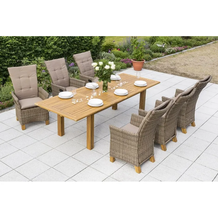 Toskana Gartenmöbel Set 7tlg, Gasdruck, Doppelausziehtisch, natur