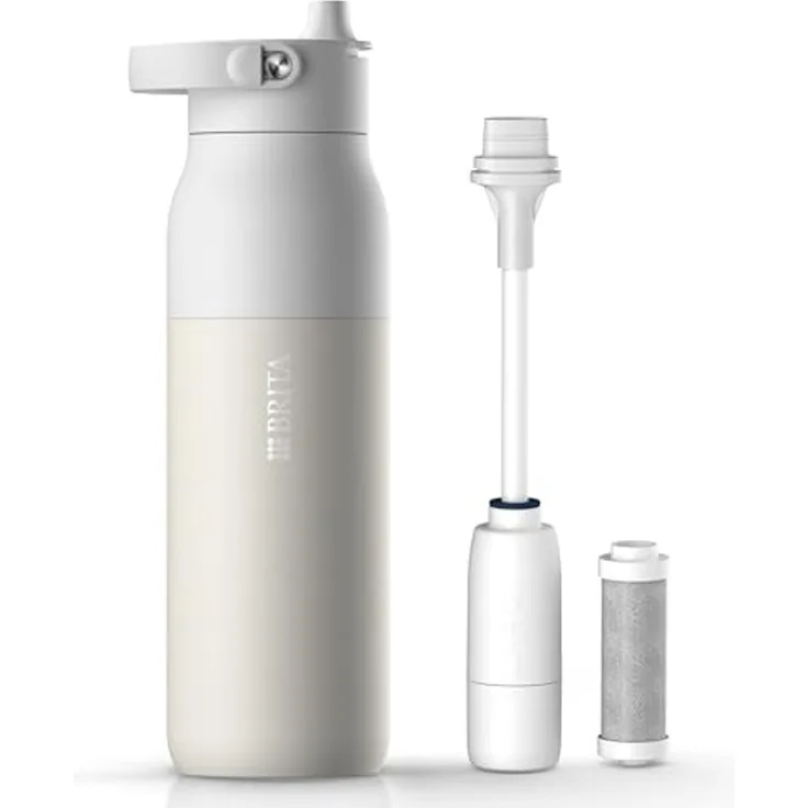 BRITA Trinkflasche BRITA LARQ Essential Filter Trinkflasche (1L) mit Strohhalm, Edelstahl Wasserflasche mit doppelwandiger Isolierung - hält 24h kalt