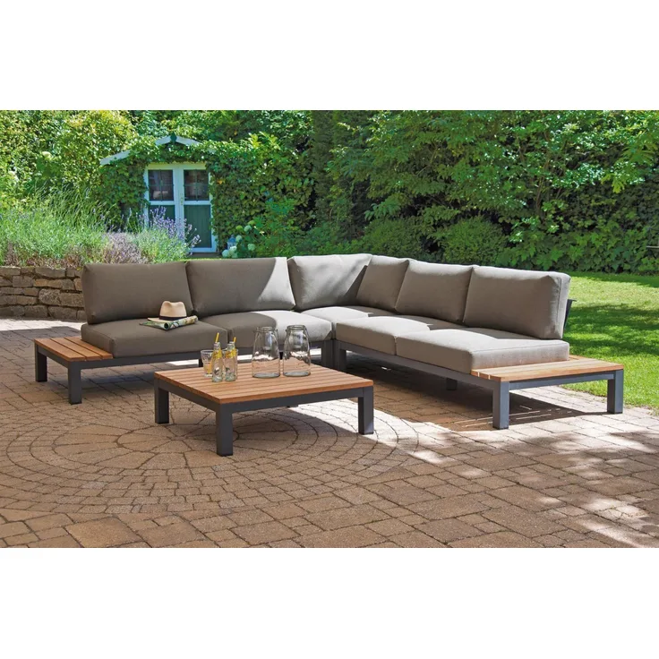 Sonnenpartner Eckmodul Equila 2-Sitzer links anthrazit / Teak, inkl. Kissen