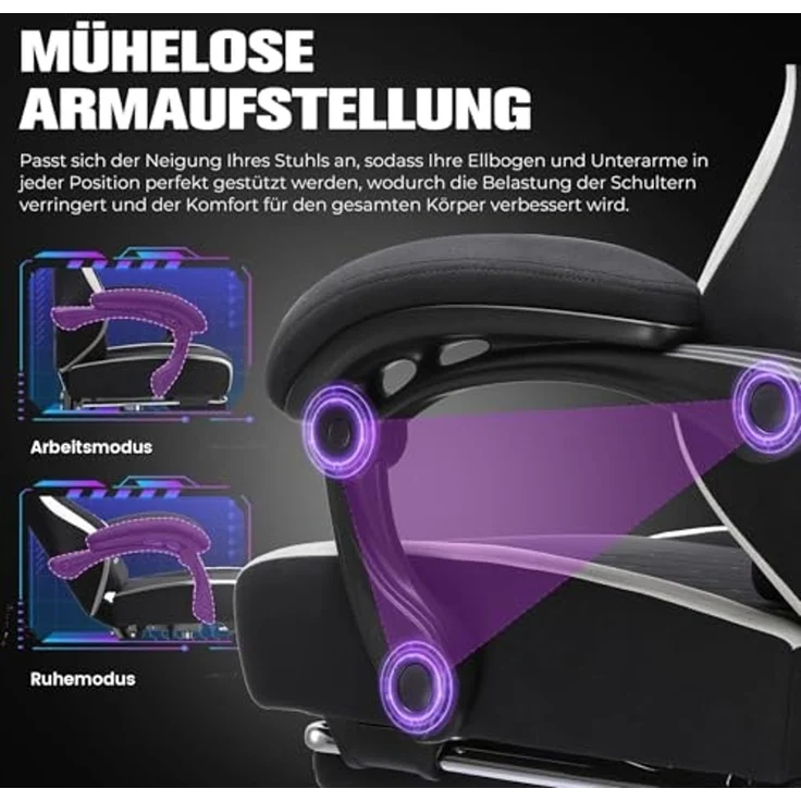 GTPLAYER Gaming Stuhl Ergonomischer, PC Stuhl Atmungsaktiver Stoff, Groß und Hoch Drehbarer Schreibtischstuhl mit Fußstütze,Verstellbare Lendenwirbelstütze und Kopfstütze,Schwarz – Bild 7