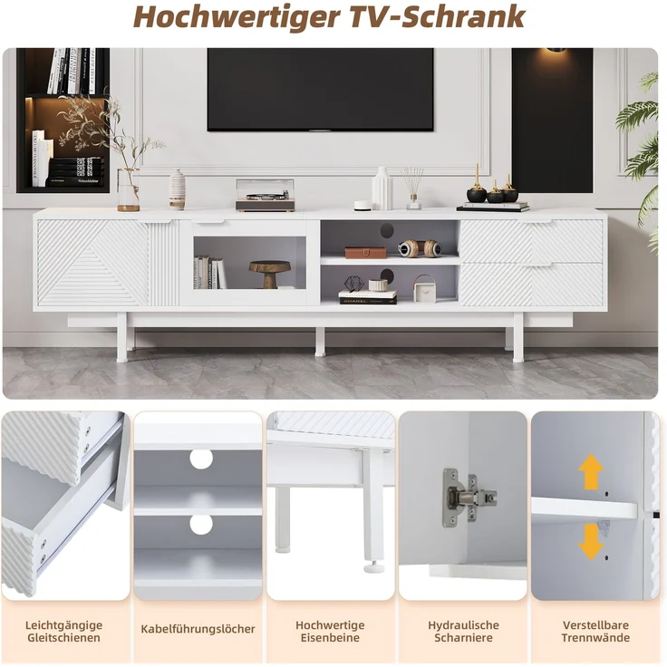 TV-Schrank Weiß 200 x 40 x 50,5 cm, modernes Lowboard für 80-Zoll Fernseher, Sideboard mit 2 Türen 2 Schubladen, 3-Schicht-Ablage – Bild 7