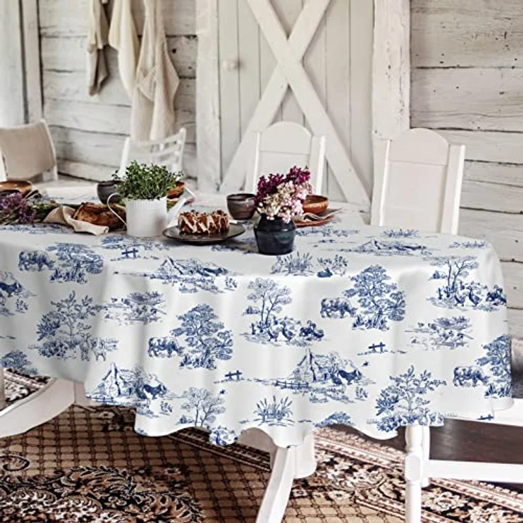 Rustikale ovale Tischdecke, 152,4x213,3 cm, blau-weiß, Landhaus-Tischdecke, klassischer französischer Dorfdruck, Polyester, wasserdicht, Tischdecke für Bauernhaus, Küche, Innen- und Außenbereich, – Bild 2