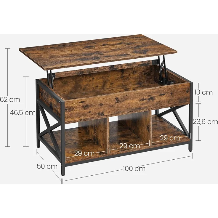 VASAGLE Couchtisch, höhenverstellbarer Wohnzimmertisch, Kaffeetisch, mit verstecktem Stauraum und offenen Fächern, Stahlgestell, 50x100 x (46,5-62) cm, vintagebraun-schwarz LCT202B01 – Bild 2