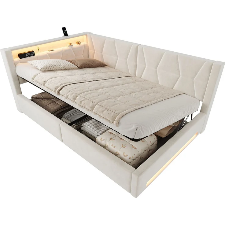 TavilaEcon Polsterbett Samtbett mit LED-Beleuchtung an Kopf- und Fußteil, USB & Type-C beige Liegefläche 140 × 200 cm – Bild 9