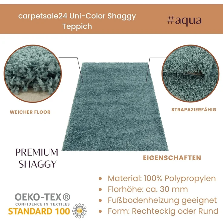 Carpetsale24 Shaggy Hochflor Teppich Wohnzimmer 120x170 cm Aqua Blau - Modern Flauschiger Teppich Extra Weich, Pflegeleicht und Einfarbig - Ideal als Teppich für Schlafzimmer, Esszimmer und Küche – Bild 3