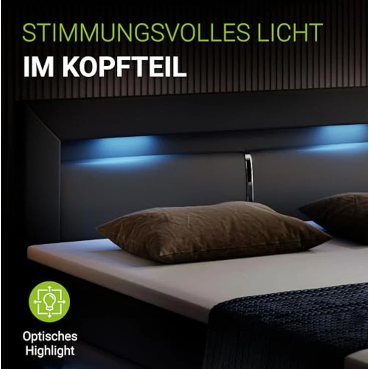 Juskys Boxbett Norfolk, Schwarz, 200x200 cm, Boxspringbett mit LED-Beleuchtung und Bonell Federkernmatratzen – Bild 4