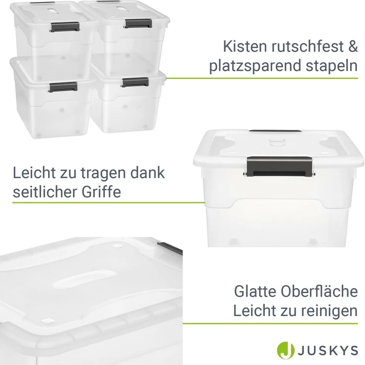 Juskys Aufbewahrungsbox mit Deckel, 4er-Set, stapelbar, Kunststoff transparent, 60 Liter – Bild 4