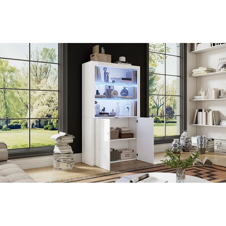 100 x 35 x 170 cm Sofa-Sideboard, Hochglanz-Aufbewahrungsschrank, Vitrinenschränke mit LED-Leuchten, Displayschicht aus gehärtetem Glas, Vertikaler Hochschrank fürs Wohnzimmer--Weiß--100x35x170cm--YOUDENOVA – Bild 9