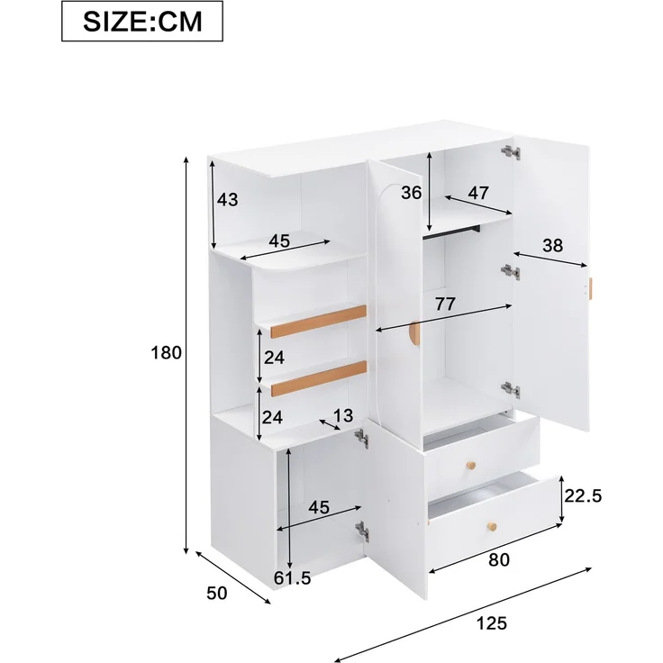 Merax Kleiderschrank mit Stauraum, Mehrzweckschrank in Weiß/Natur, Garderobenschrank mit Schubladen, Kleiderstange und offenen Regalfächern – Bild 4
