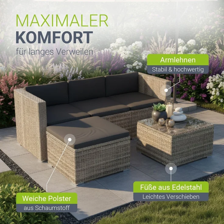 Juskys Polyrattan Lounge Punta Cana M grau-meliert inkl. Abdeckung – Gartenlounge für 3-4 Personen – Sitzgruppe mit Sofa, Tisch & Hocker - Sitzbezüge Dunkelgrau – Bild 5
