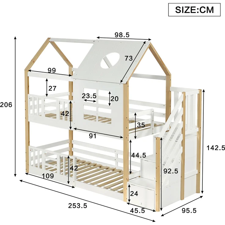 Etagenbett / Hausbett 90 × 200 cm – mit seitlicher Aufbewahrungstreppe, Dach mit Rundöffnung & Fenster, Weiß&Natur – Bild 8